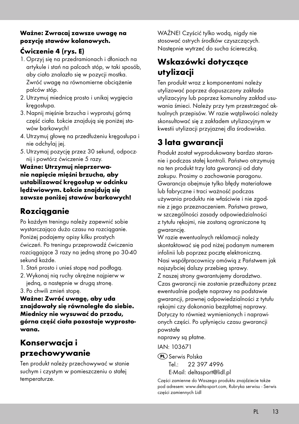 Wskazówki dotyczące utylizacji, 3 lata gwarancji, Rozciąganie | Konserwacja i przechowywanie | Crivit BB-1789 User Manual | Page 13 / 36