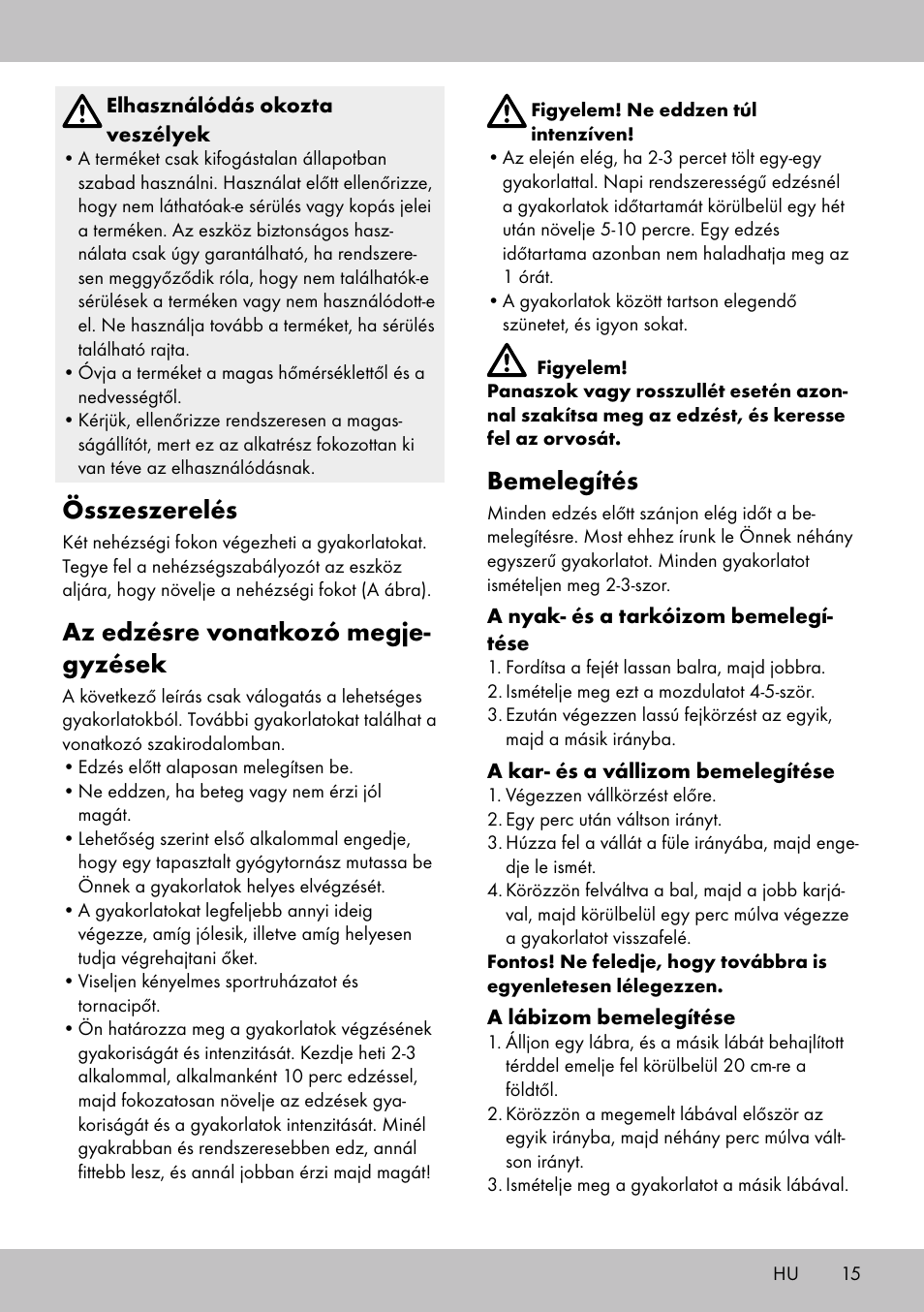 Bemelegítés, Összeszerelés, Az edzésre vonatkozó megje- gyzések | Crivit BB-1789 User Manual | Page 15 / 36