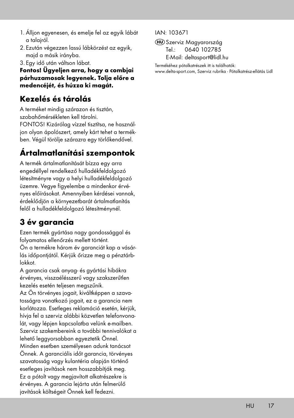 Kezelés és tárolás, Ártalmatlanítási szempontok, 3 év garancia | Crivit BB-1789 User Manual | Page 17 / 36