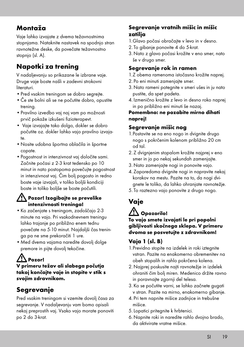 Vaje, Montaža, Napotki za trening | Segrevanje | Crivit BB-1789 User Manual | Page 19 / 36