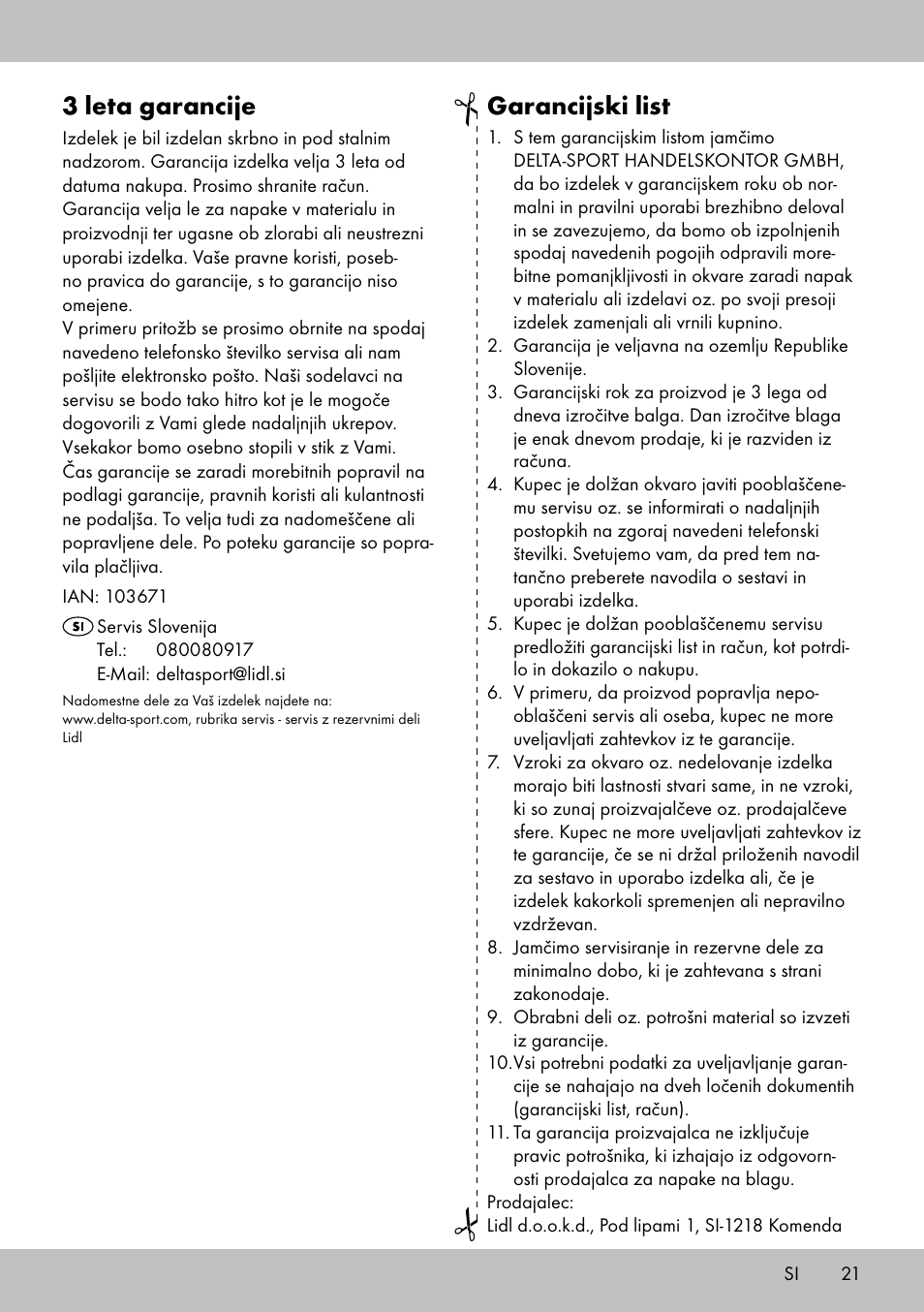 Garancijski list, 3 leta garancije | Crivit BB-1789 User Manual | Page 21 / 36