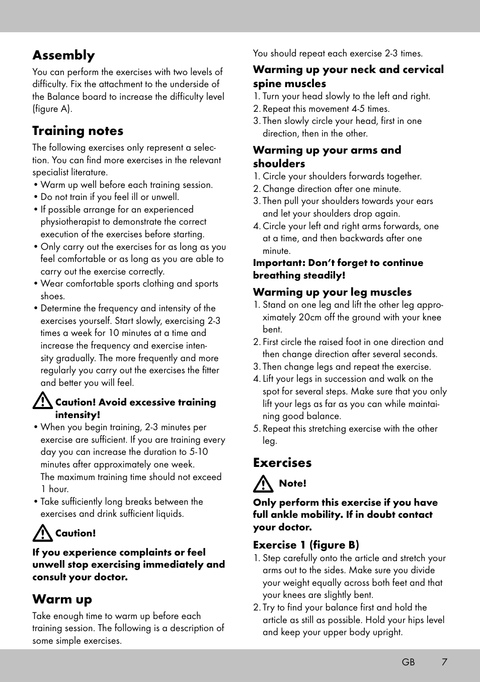 Exercises, Assembly, Warm up | Crivit BB-1789 User Manual | Page 7 / 36