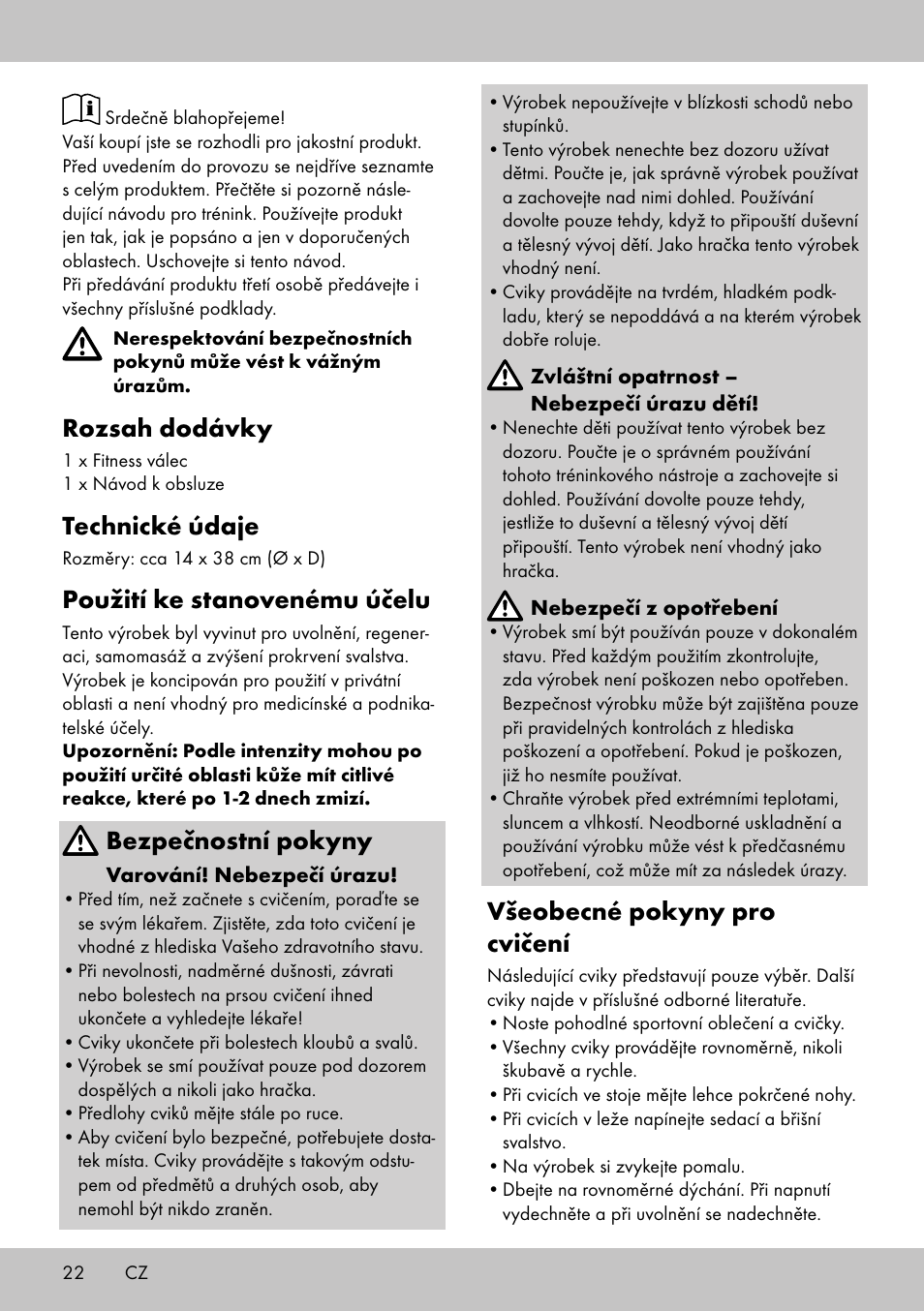 Rozsah dodávky, Technické údaje, Použití ke stanovenému účelu | Bezpečnostní pokyny, Všeobecné pokyny pro cvičení | Crivit BB-2035 User Manual | Page 20 / 34