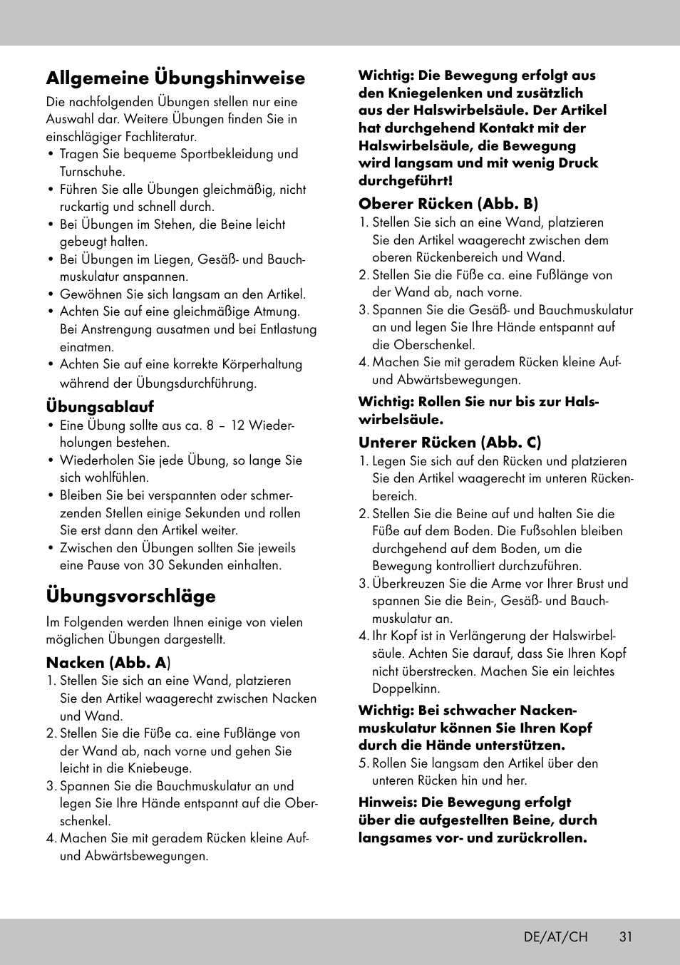 Allgemeine übungshinweise, Übungsvorschläge | Crivit BB-2035 User Manual | Page 29 / 34