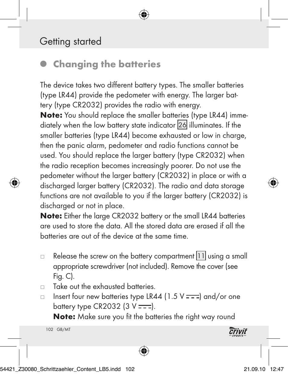 Getting started / cleaning and care / disposal, Getting started, Changing the batteries | Crivit Z30080 User Manual | Page 100 / 102