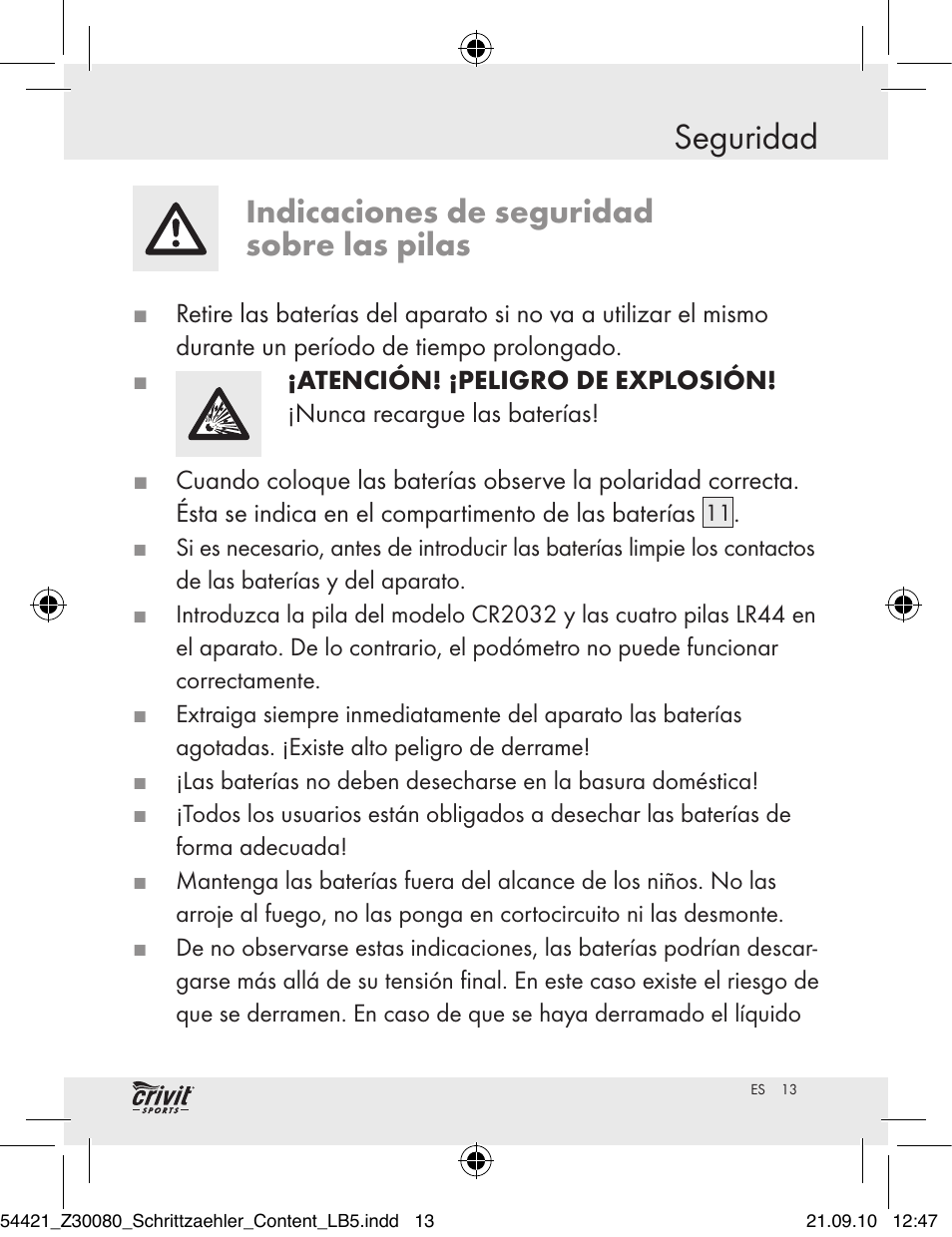 Seguridad, Indicaciones de seguridad sobre las pilas | Crivit Z30080 User Manual | Page 11 / 102