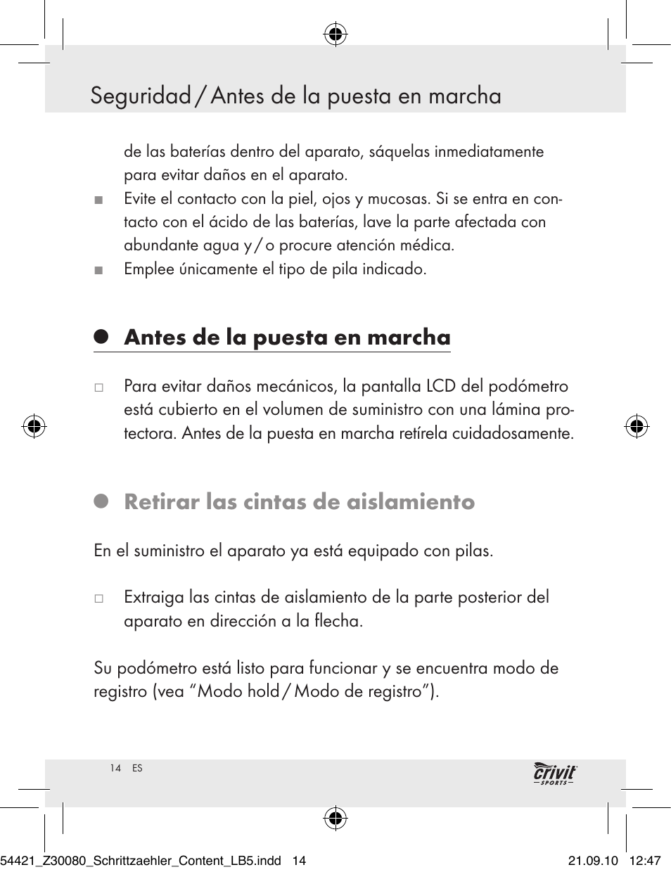 Seguridad / antes de la puesta en marcha, Antes de la puesta en marcha, Retirar las cintas de aislamiento | Crivit Z30080 User Manual | Page 12 / 102