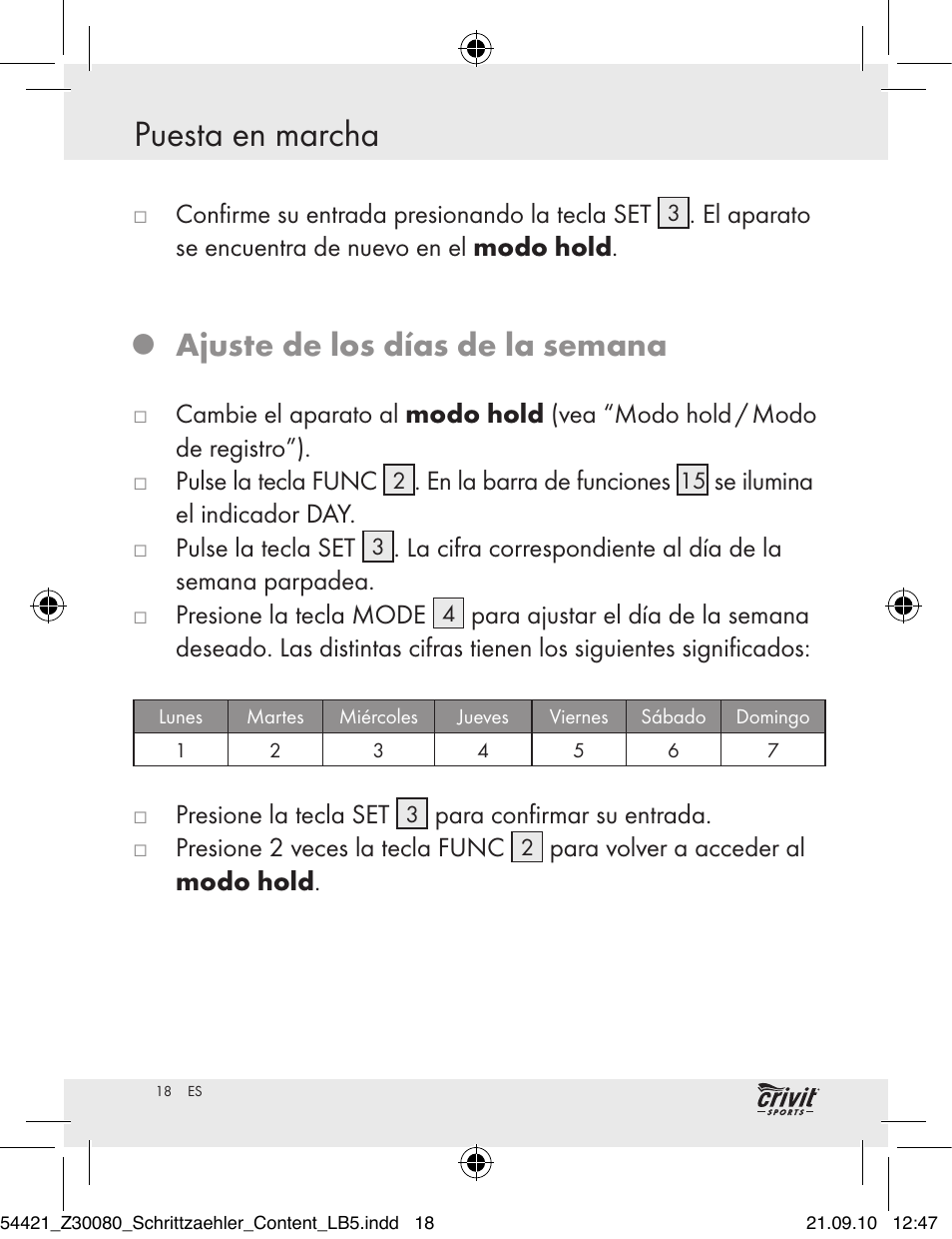 Puesta en marcha, Ajuste de los días de la semana | Crivit Z30080 User Manual | Page 16 / 102