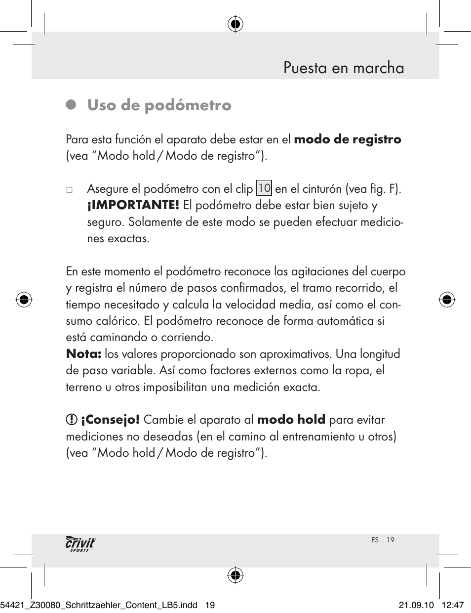 Puesta en marcha, Uso de podómetro | Crivit Z30080 User Manual | Page 17 / 102