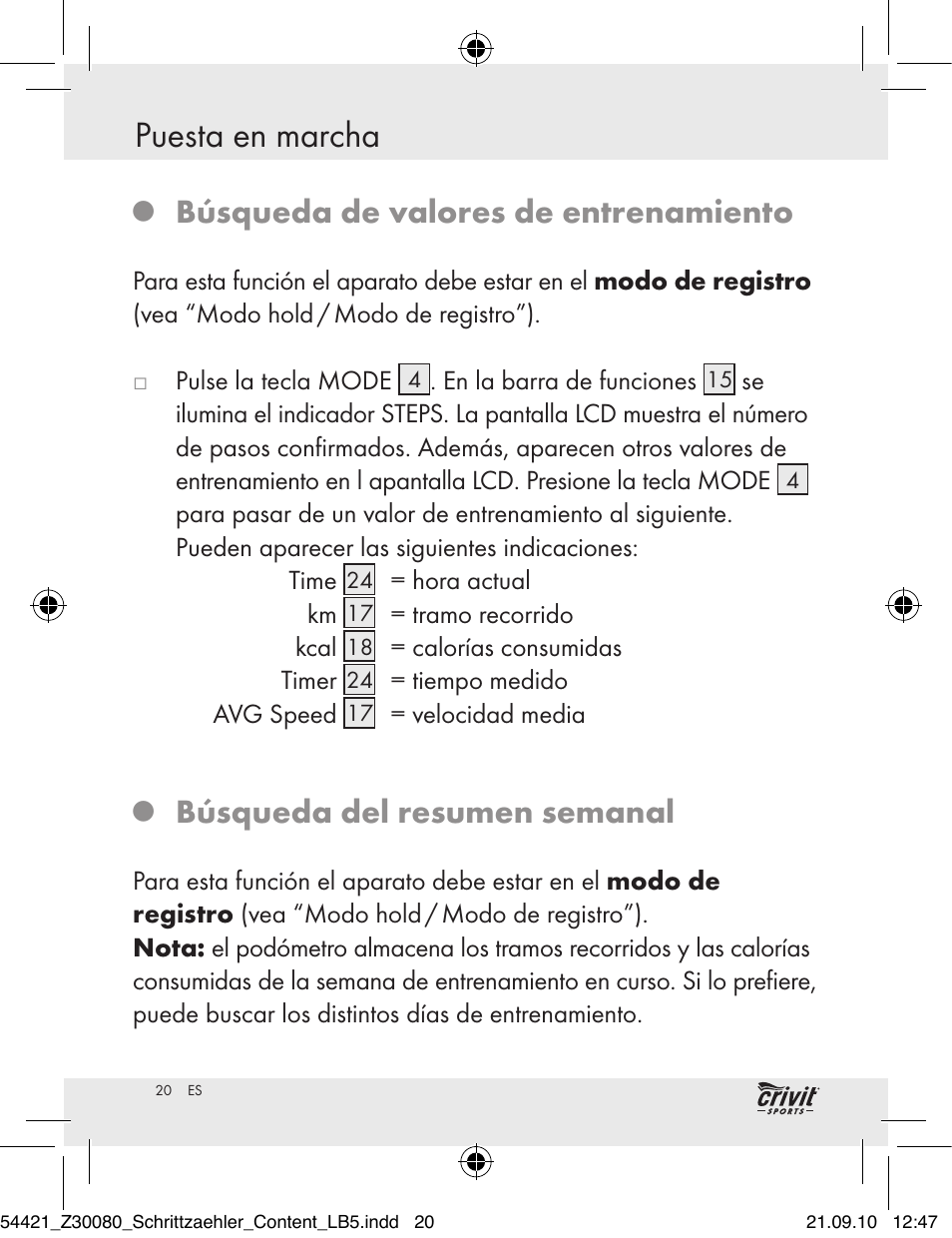 Puesta en marcha, Búsqueda de valores de entrenamiento, Búsqueda del resumen semanal | Crivit Z30080 User Manual | Page 18 / 102