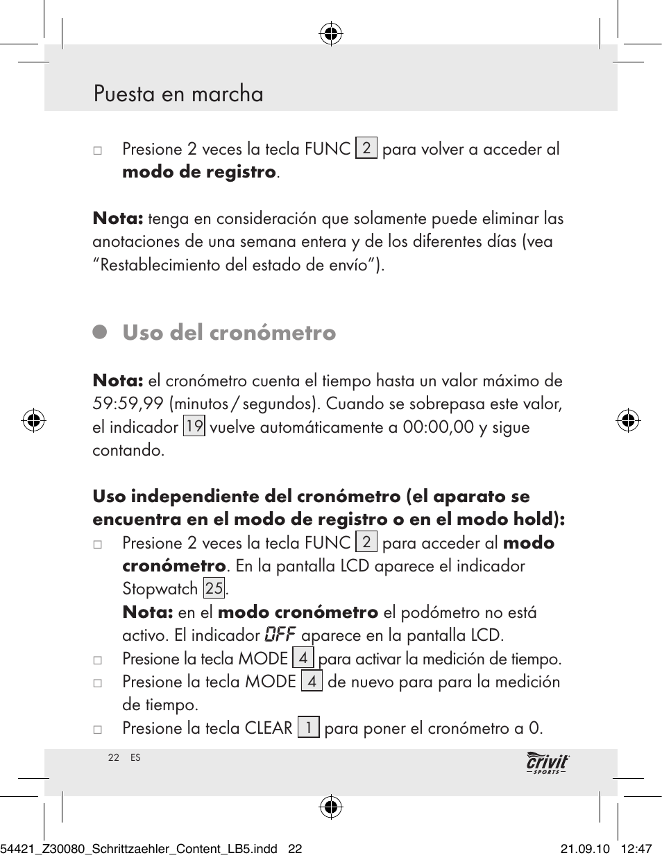 Puesta en marcha, Uso del cronómetro | Crivit Z30080 User Manual | Page 20 / 102