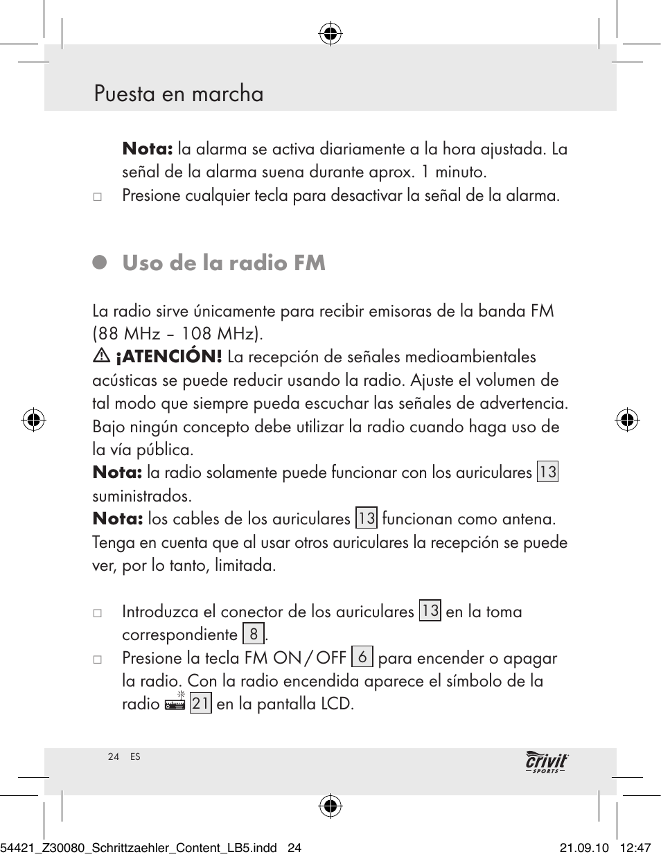 Puesta en marcha, Uso de la radio fm | Crivit Z30080 User Manual | Page 22 / 102