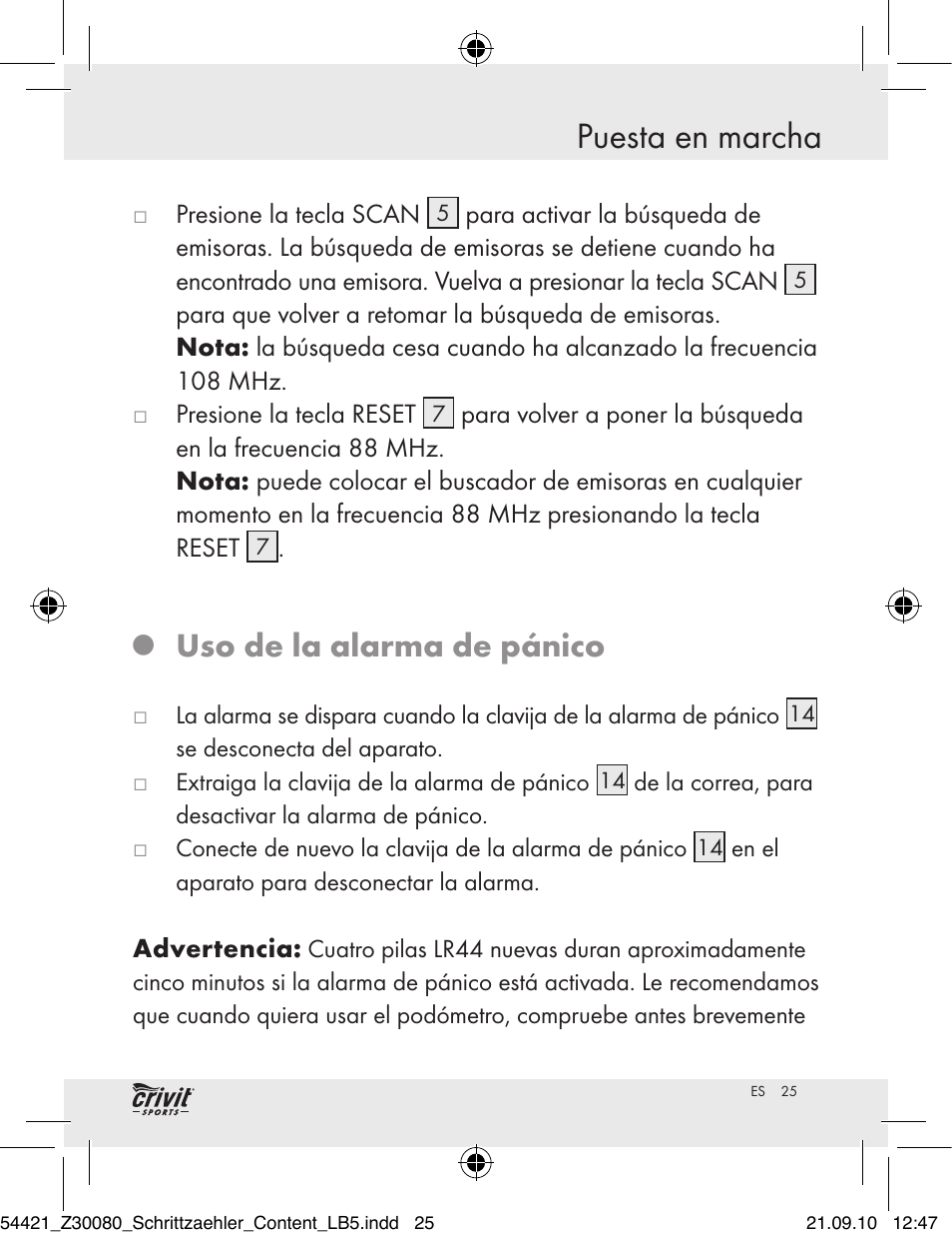 Puesta en marcha, Uso de la alarma de pánico | Crivit Z30080 User Manual | Page 23 / 102