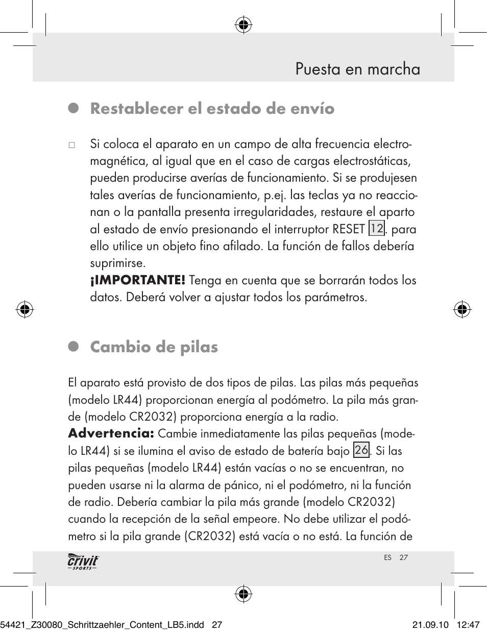 Puesta en marcha, Restablecer el estado de envío, Cambio de pilas | Crivit Z30080 User Manual | Page 25 / 102