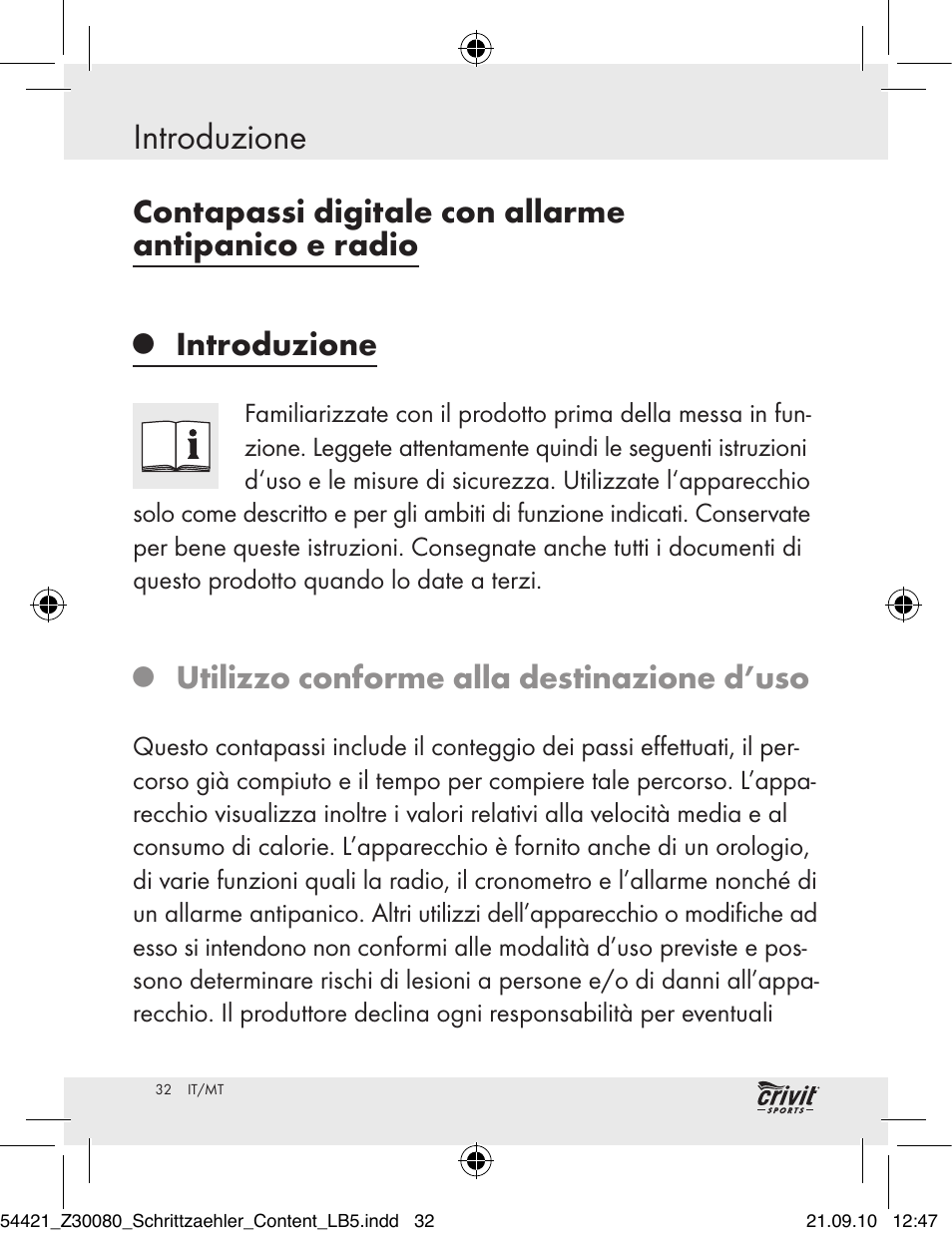 Introduzione, Contapassi digitale con allarme antipanico e radio, Utilizzo conforme alla destinazione d’uso | Crivit Z30080 User Manual | Page 30 / 102