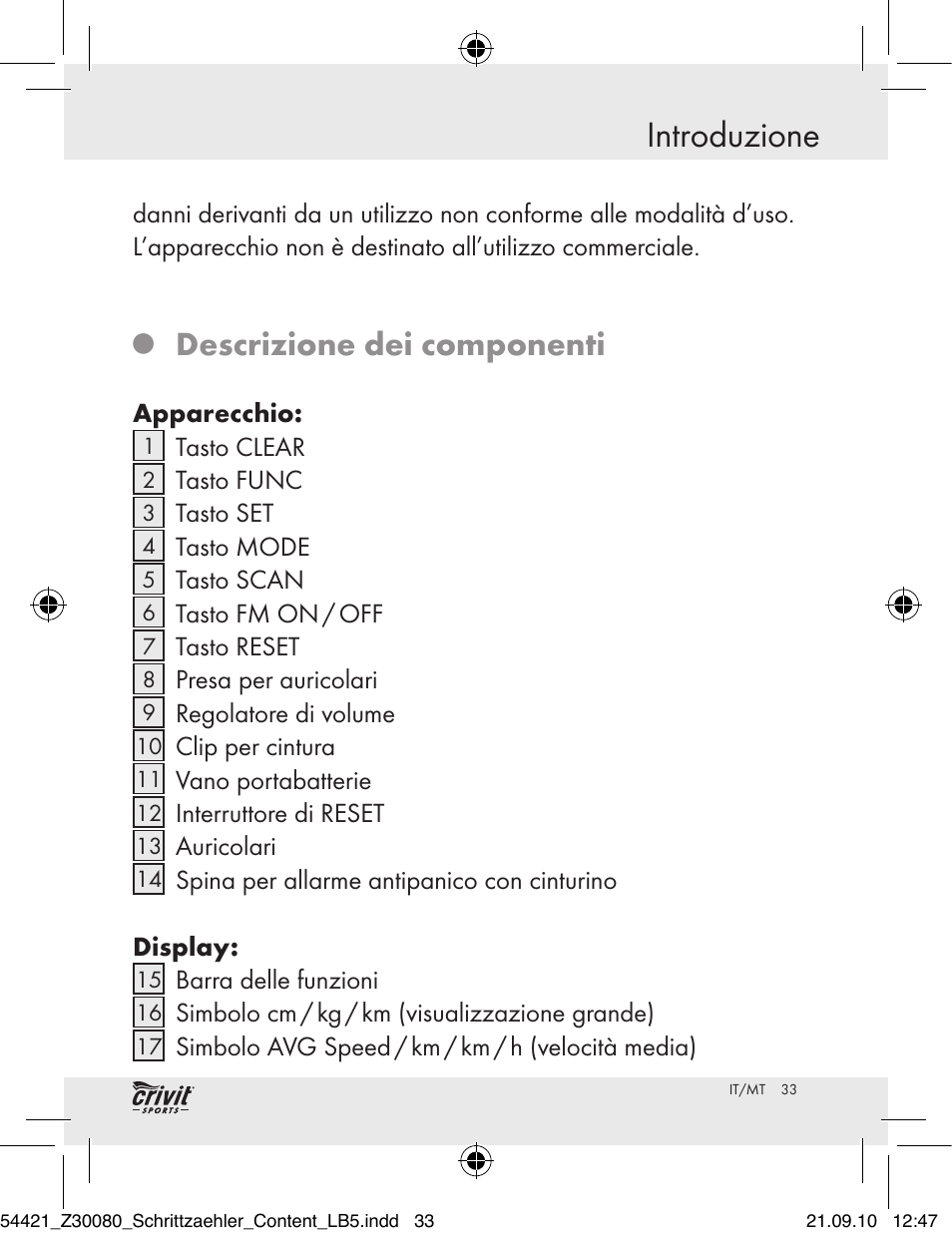 Introduzione, Descrizione dei componenti | Crivit Z30080 User Manual | Page 31 / 102