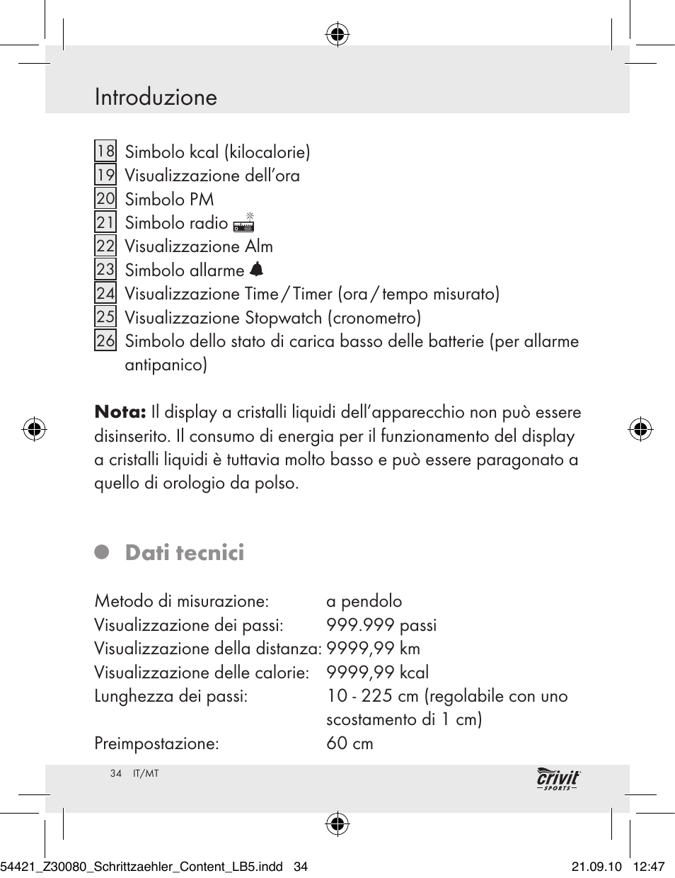 Introduzione, Dati tecnici | Crivit Z30080 User Manual | Page 32 / 102