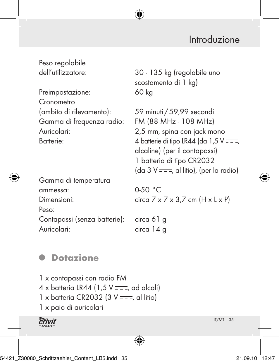 Introduzione, Dotazione | Crivit Z30080 User Manual | Page 33 / 102