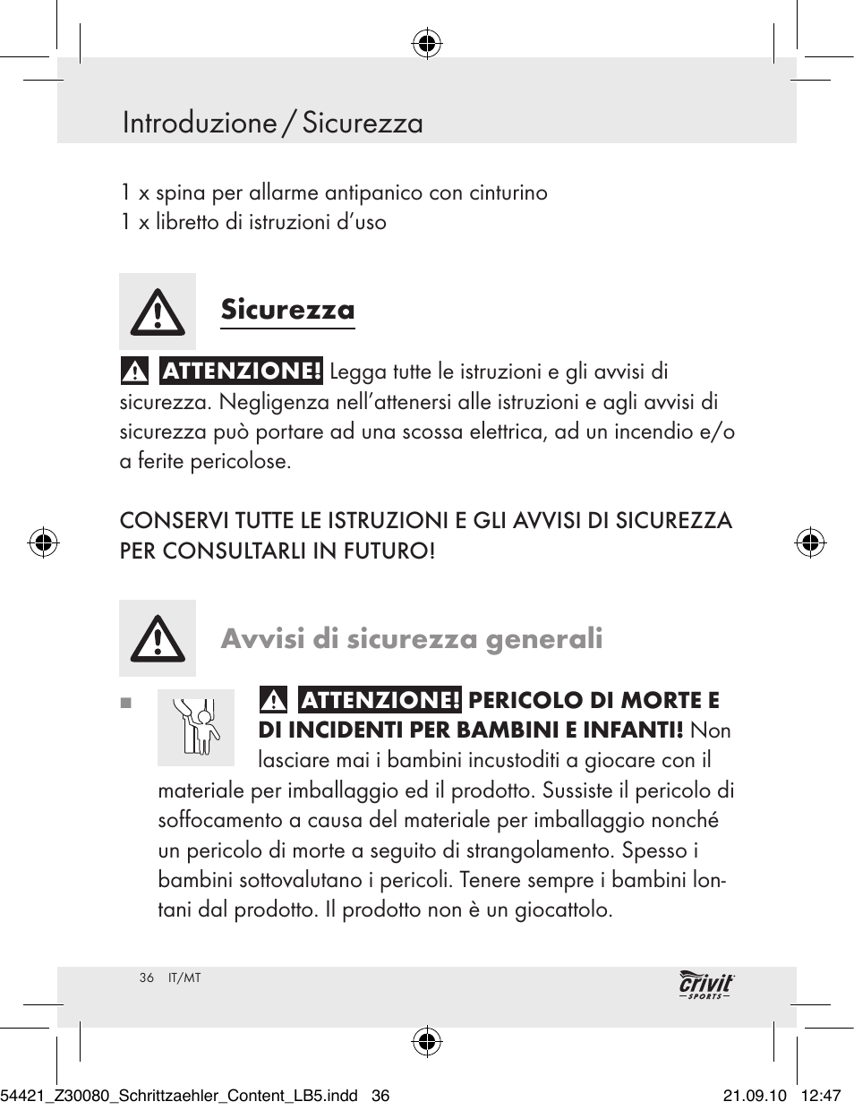 Sicurezza introduzione / sicurezza, Sicurezza, Avvisi di sicurezza generali | Crivit Z30080 User Manual | Page 34 / 102