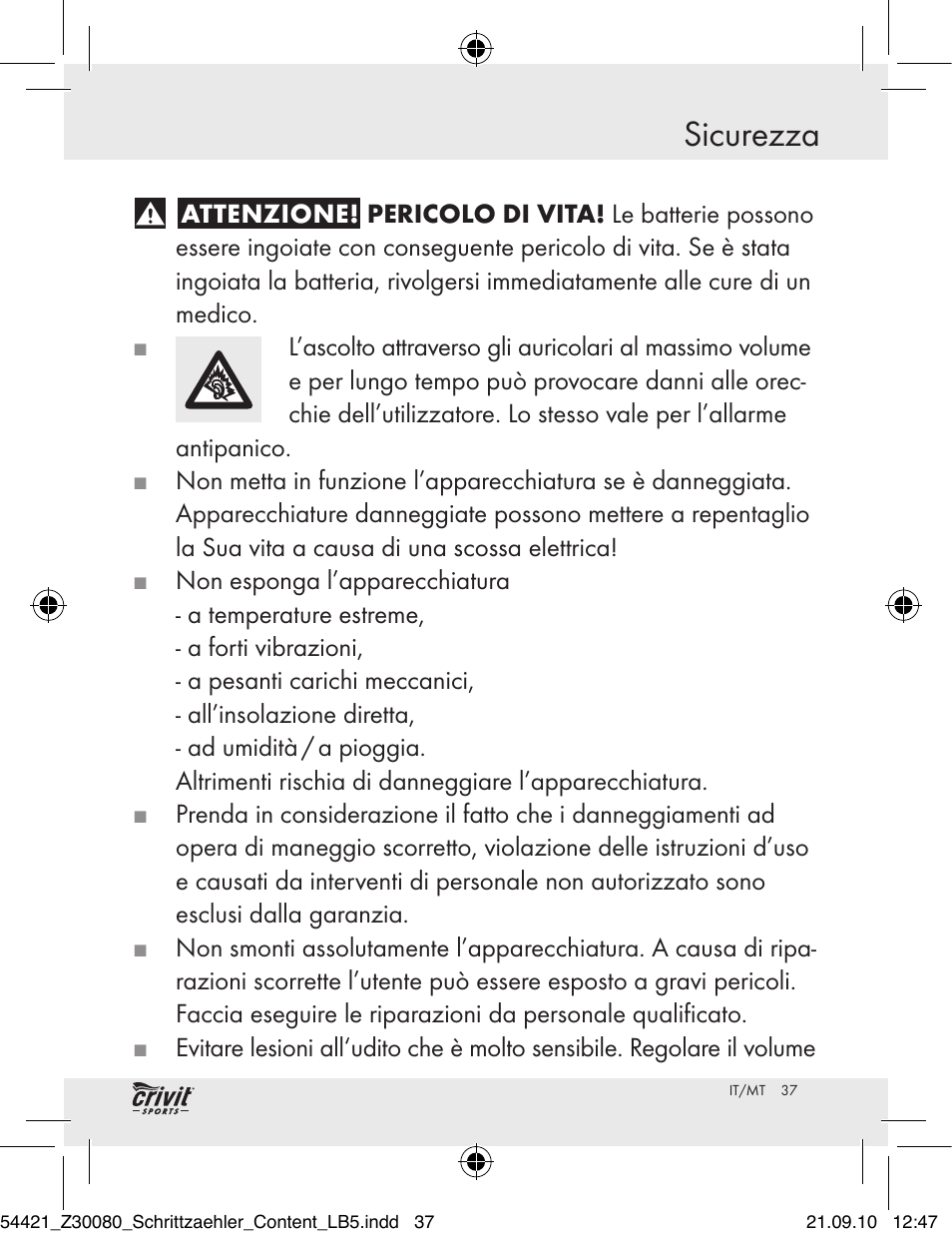 Sicurezza | Crivit Z30080 User Manual | Page 35 / 102