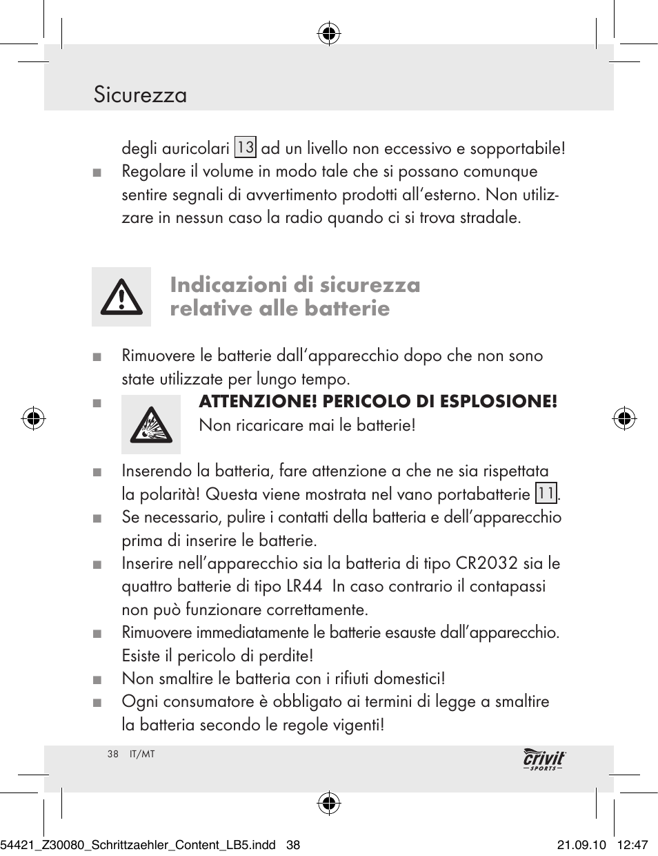 Sicurezza / prima dell‘avvio sicurezza, Indicazioni di sicurezza relative alle batterie | Crivit Z30080 User Manual | Page 36 / 102