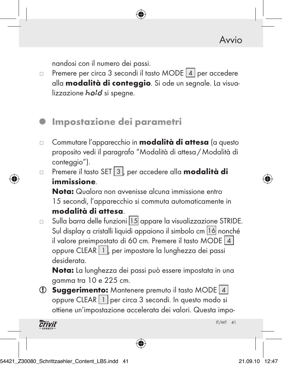 Avvio, Impostazione dei parametri | Crivit Z30080 User Manual | Page 39 / 102