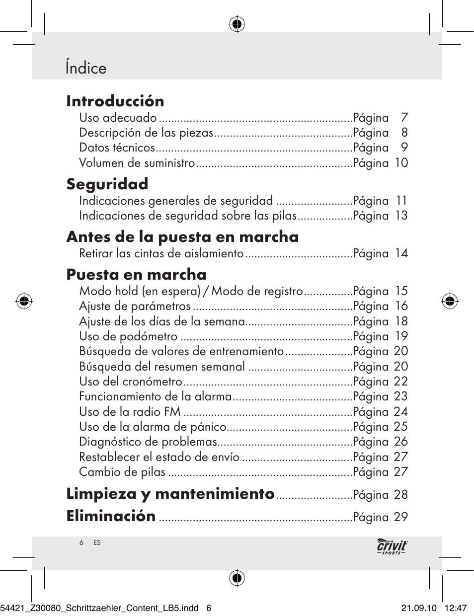 Índice, Introducción, Seguridad | Antes de la puesta en marcha, Puesta en marcha, Limpieza y mantenimiento, Eliminación | Crivit Z30080 User Manual | Page 4 / 102