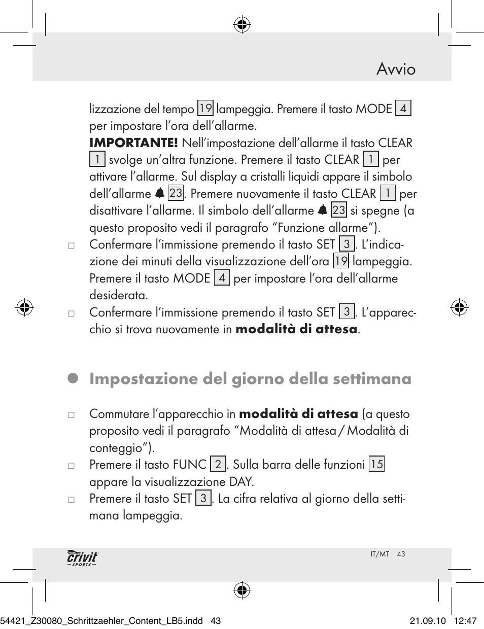 Avvio, Impostazione del giorno della settimana | Crivit Z30080 User Manual | Page 41 / 102