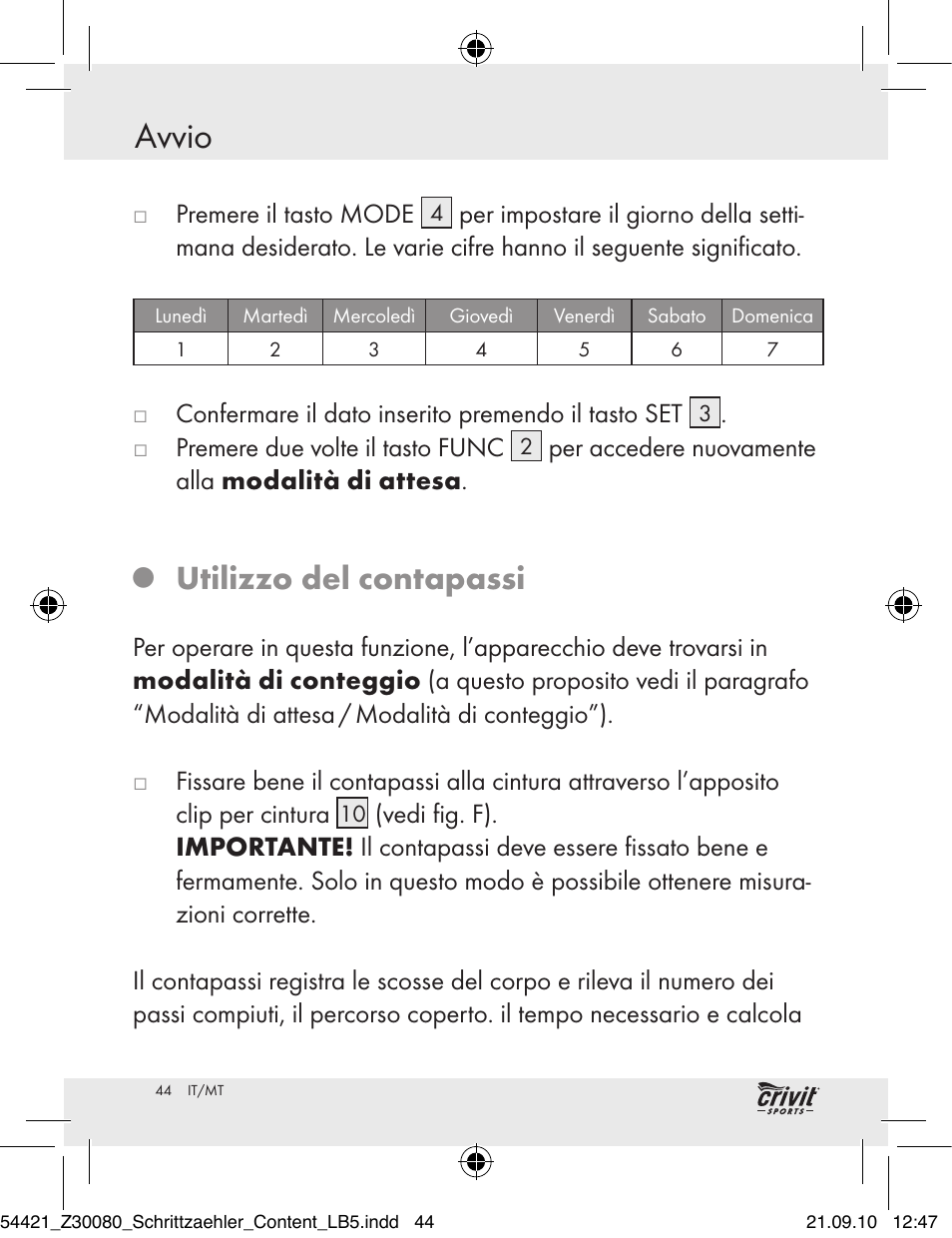 Avvio, Utilizzo del contapassi | Crivit Z30080 User Manual | Page 42 / 102