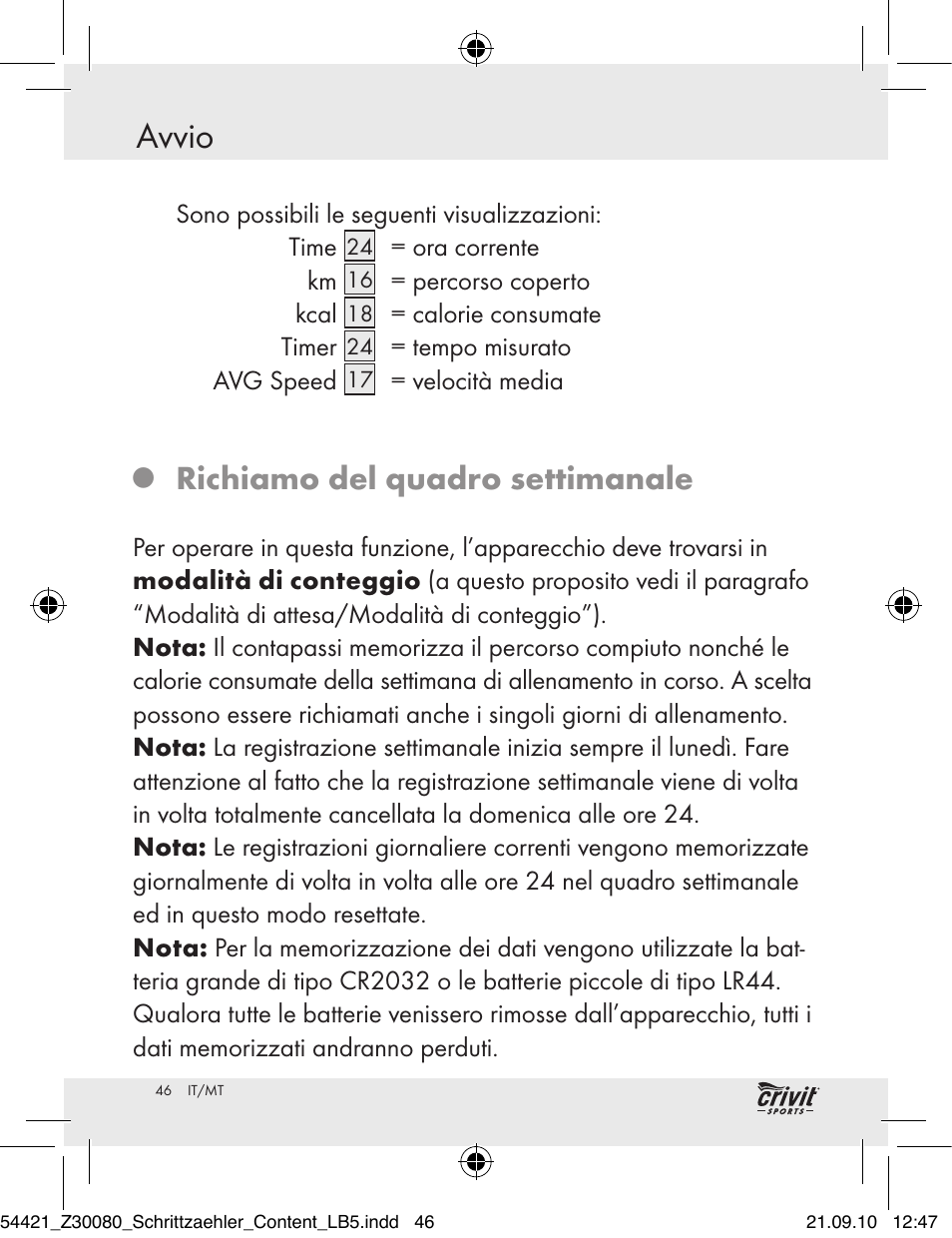 Avvio, Richiamo del quadro settimanale | Crivit Z30080 User Manual | Page 44 / 102