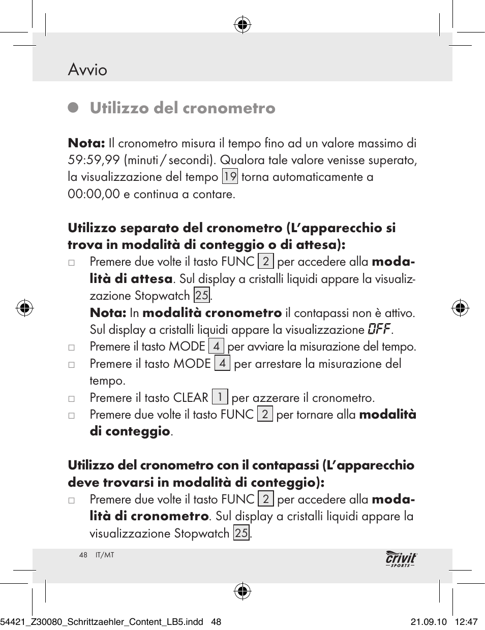 Avvio, Utilizzo del cronometro | Crivit Z30080 User Manual | Page 46 / 102