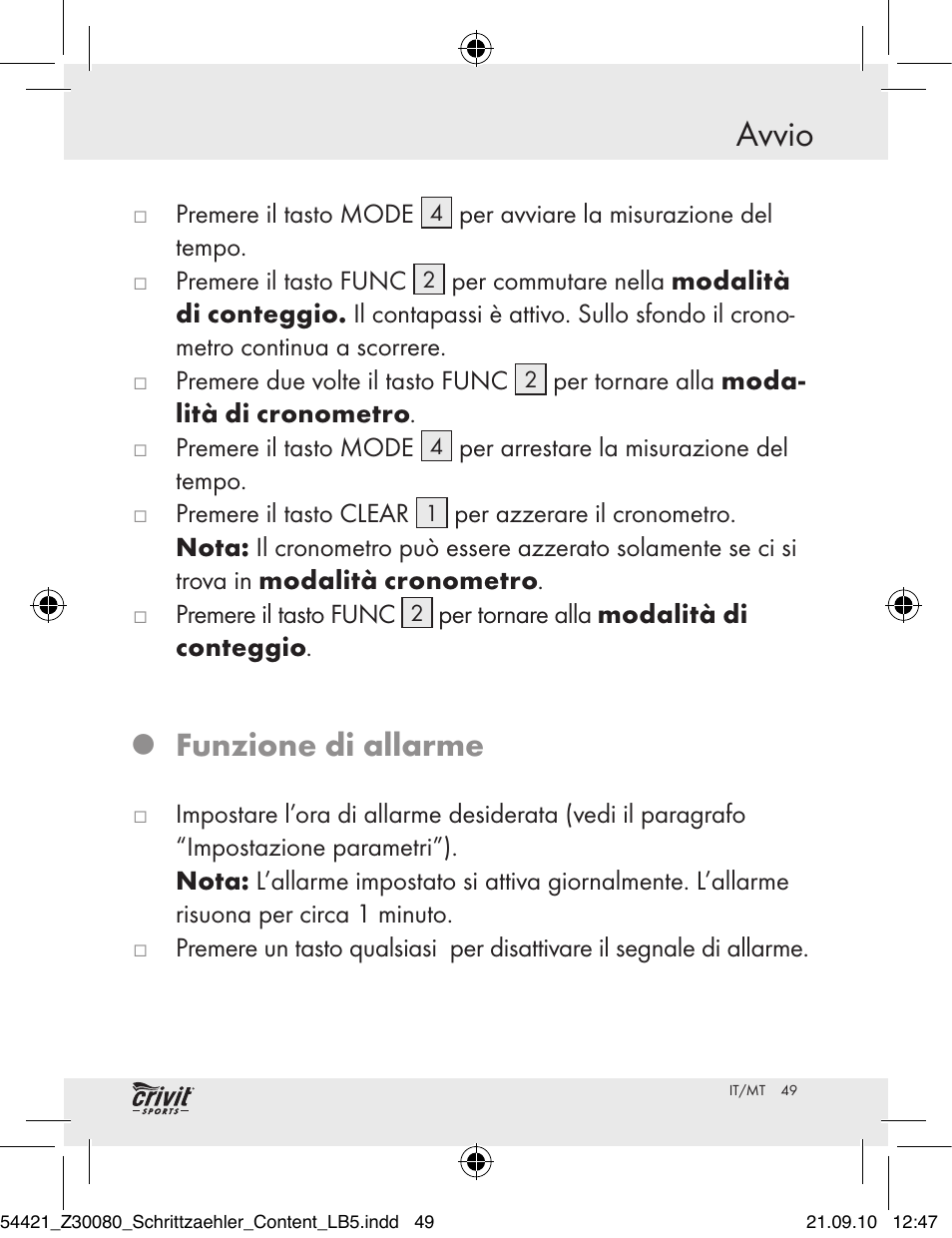 Avvio, Funzione di allarme | Crivit Z30080 User Manual | Page 47 / 102