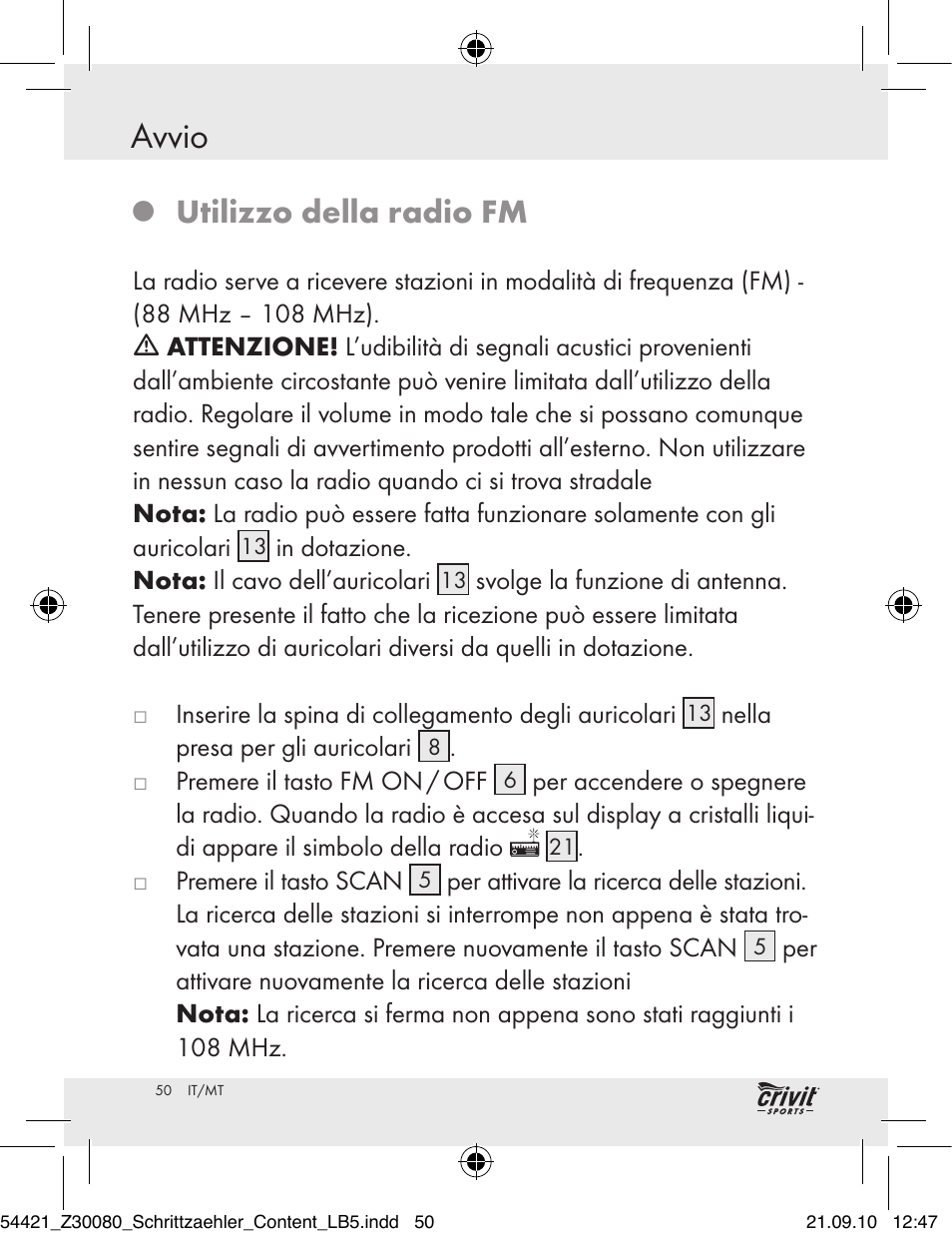 Avvio, Utilizzo della radio fm | Crivit Z30080 User Manual | Page 48 / 102