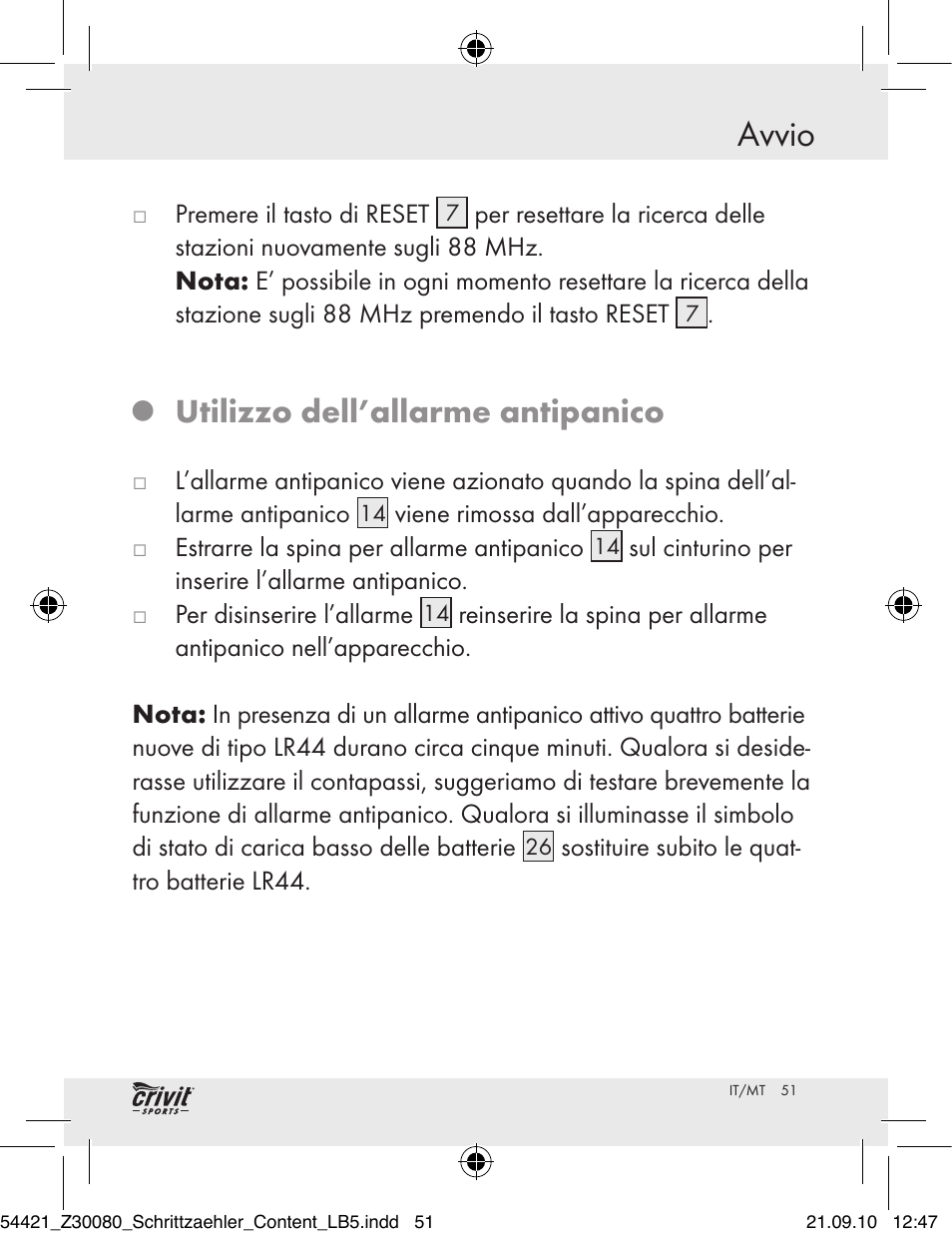 Avvio, Utilizzo dell’allarme antipanico | Crivit Z30080 User Manual | Page 49 / 102