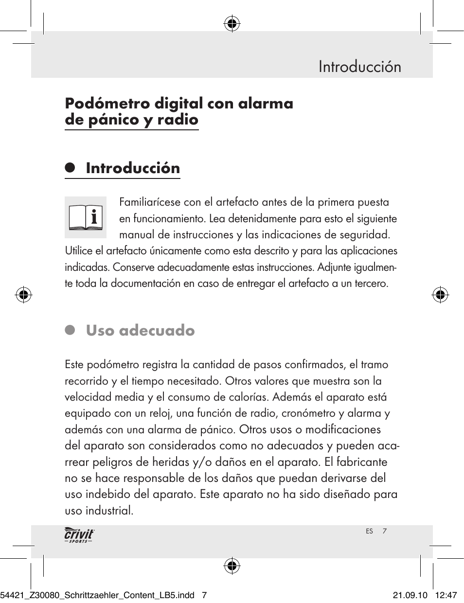 Introducción, Podómetro digital con alarma de pánico y radio, Uso adecuado | Crivit Z30080 User Manual | Page 5 / 102