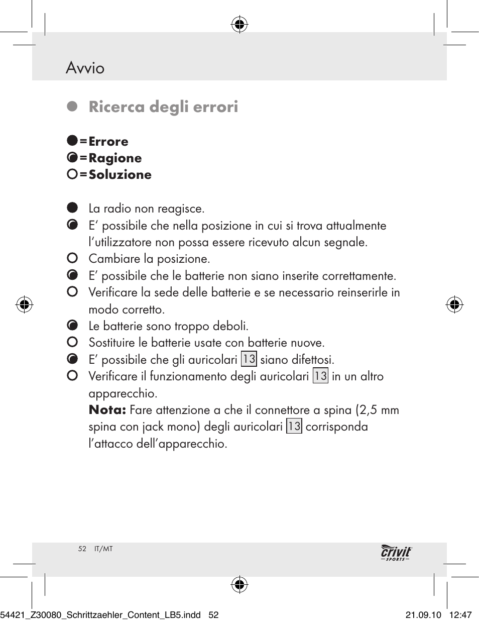 Avvio, Ricerca degli errori | Crivit Z30080 User Manual | Page 50 / 102