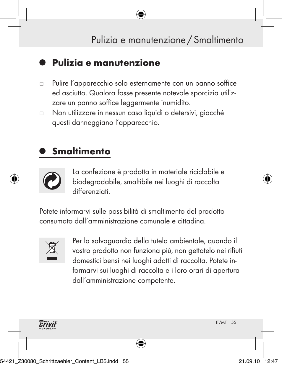 Pulizia e manutenzione / smaltimento, Pulizia e manutenzione, Smaltimento | Crivit Z30080 User Manual | Page 53 / 102