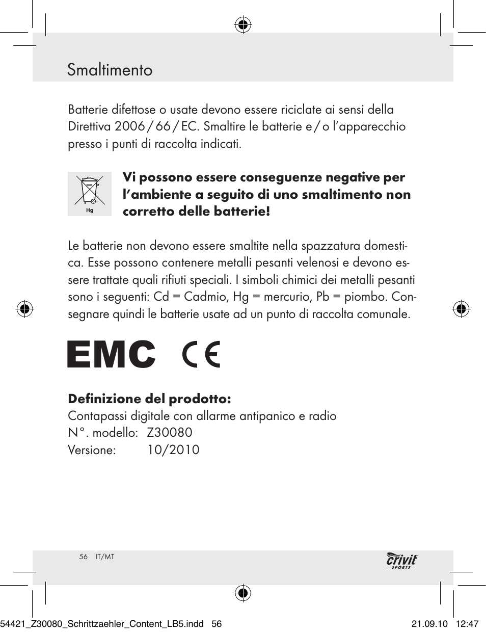 Smaltimento | Crivit Z30080 User Manual | Page 54 / 102