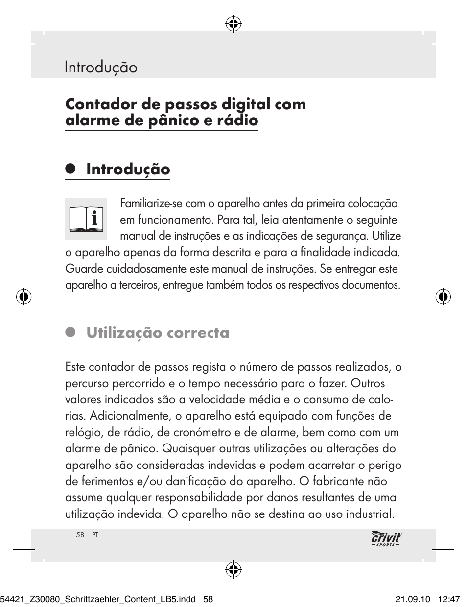 Introdução, Utilização correcta | Crivit Z30080 User Manual | Page 56 / 102