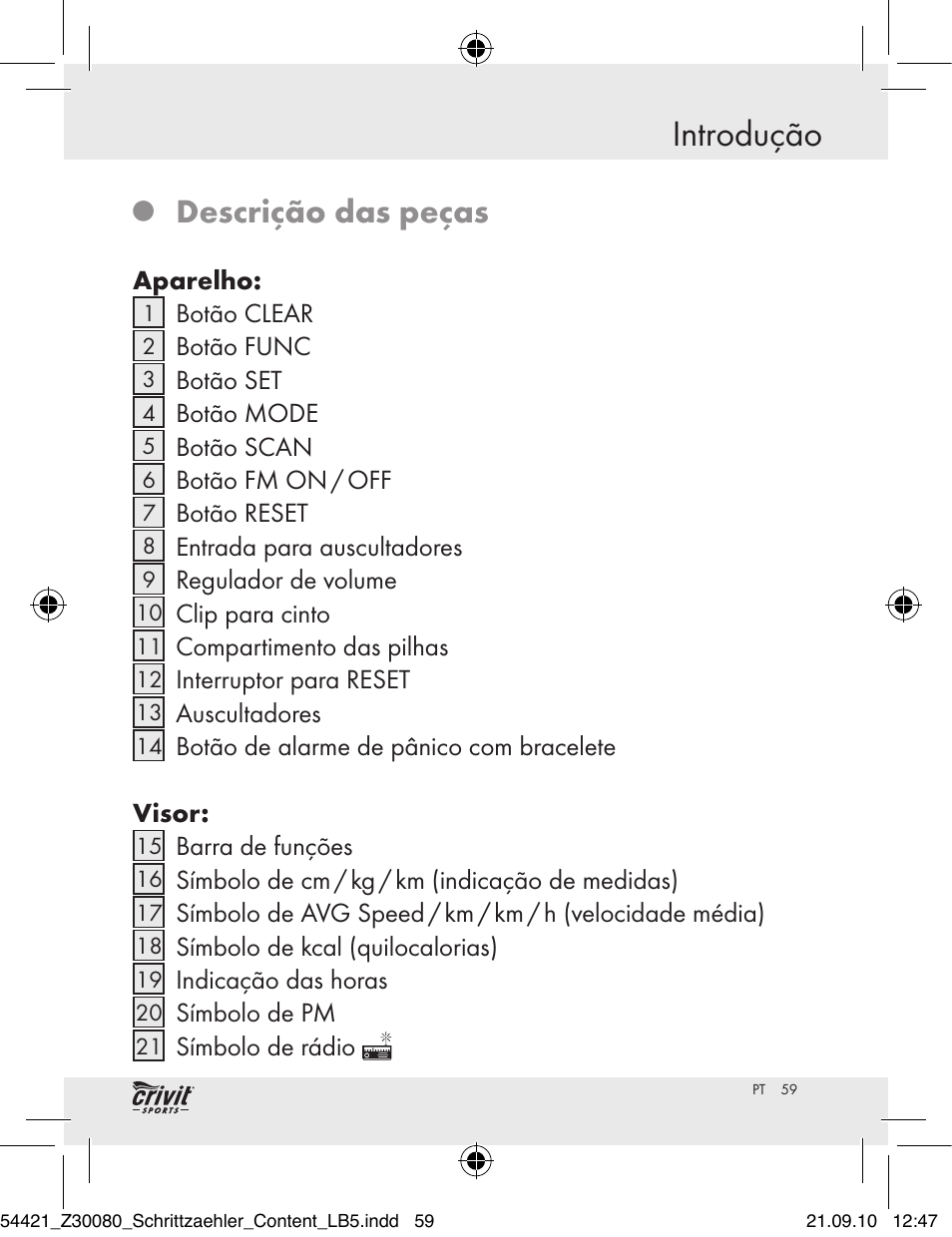 Introdução, Descrição das peças | Crivit Z30080 User Manual | Page 57 / 102