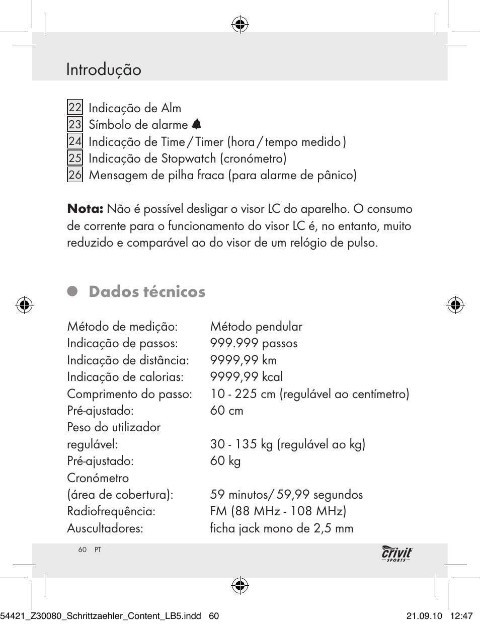 Introdução, Dados técnicos | Crivit Z30080 User Manual | Page 58 / 102