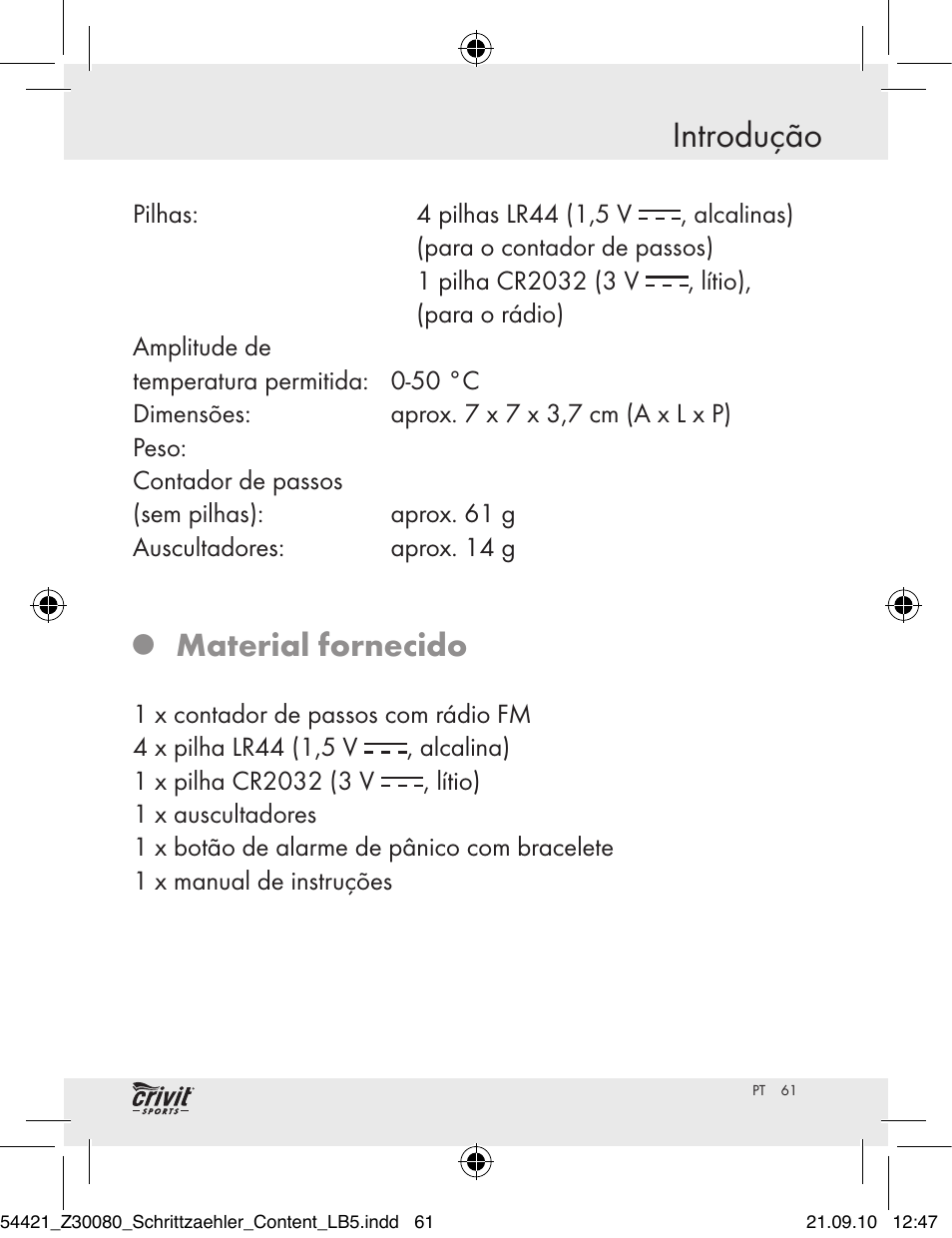 Introdução, Material fornecido | Crivit Z30080 User Manual | Page 59 / 102