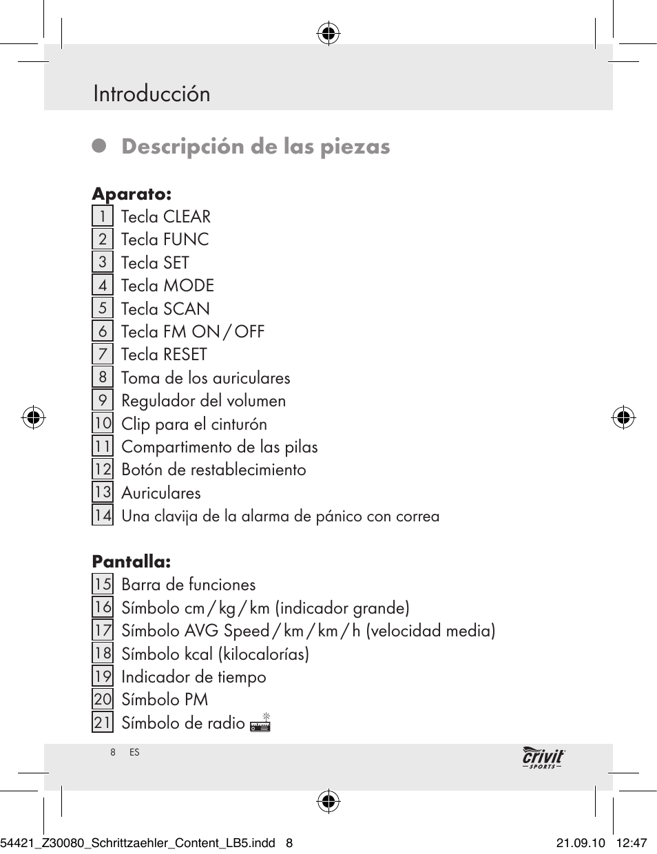 Introducción, Descripción de las piezas | Crivit Z30080 User Manual | Page 6 / 102