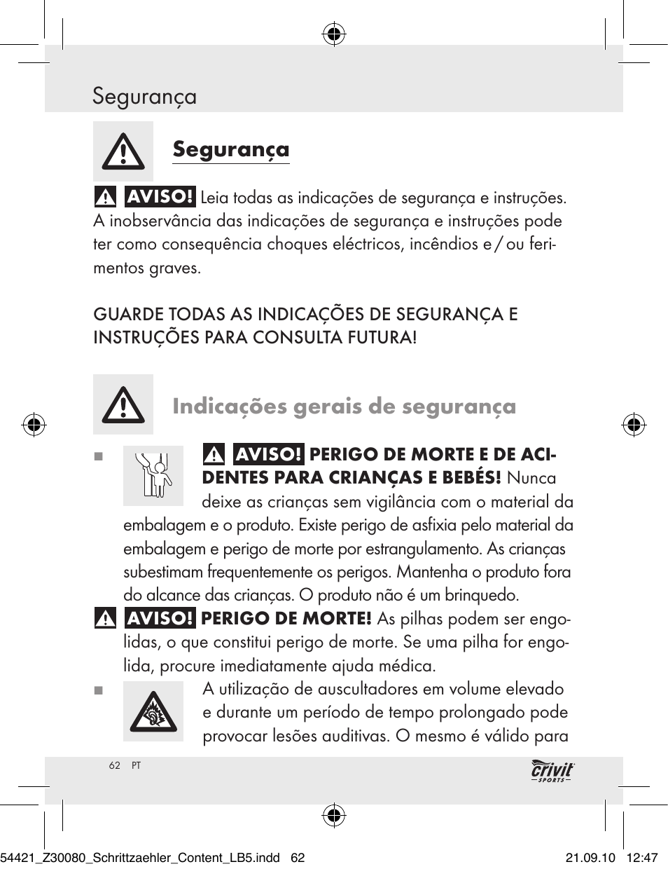 Segurança, Indicações gerais de segurança | Crivit Z30080 User Manual | Page 60 / 102