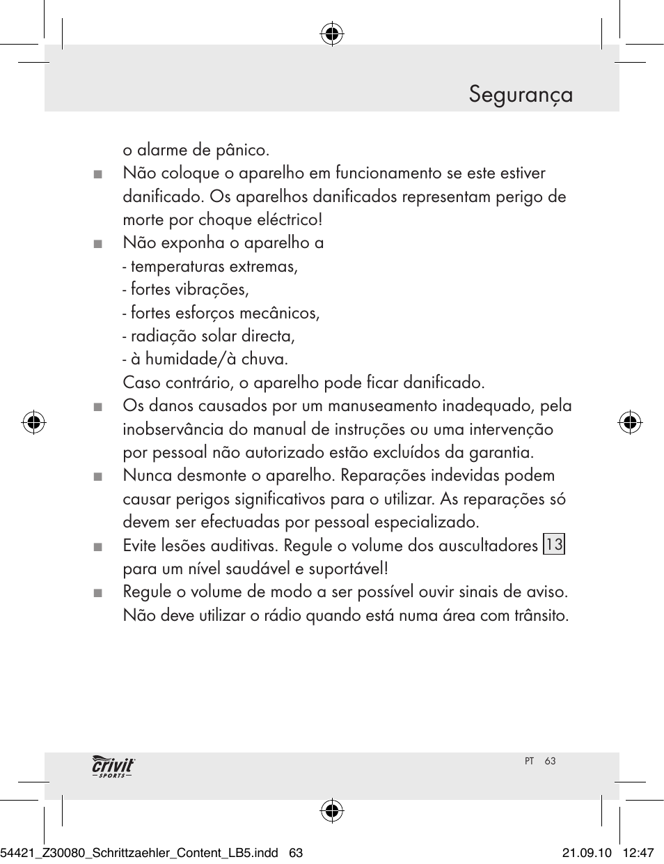 Segurança | Crivit Z30080 User Manual | Page 61 / 102