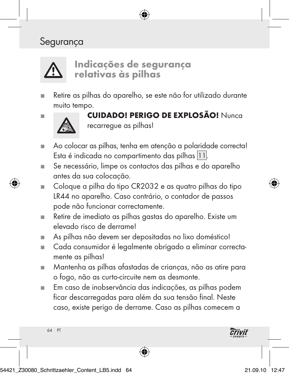 Indicações de segurança relativas às pilhas | Crivit Z30080 User Manual | Page 62 / 102