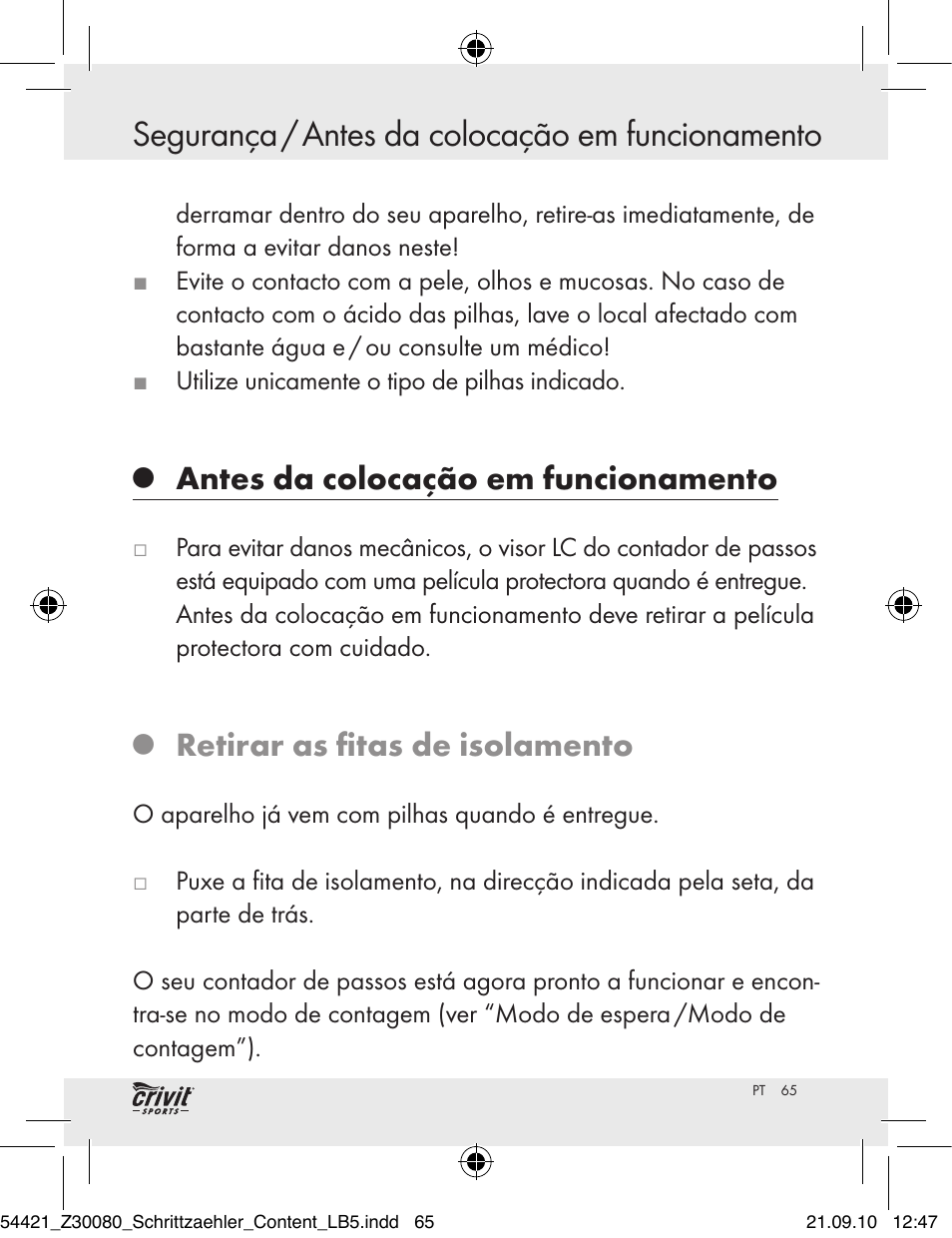 Segurança / antes da colocação em funcionamento, Segurança, Antes da colocação em funcionamento | Retirar as fitas de isolamento | Crivit Z30080 User Manual | Page 63 / 102