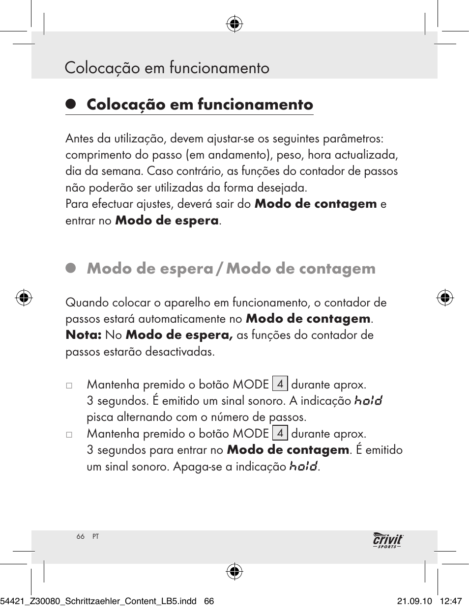 Colocação em funcionamento, Modo de espera / modo de contagem | Crivit Z30080 User Manual | Page 64 / 102