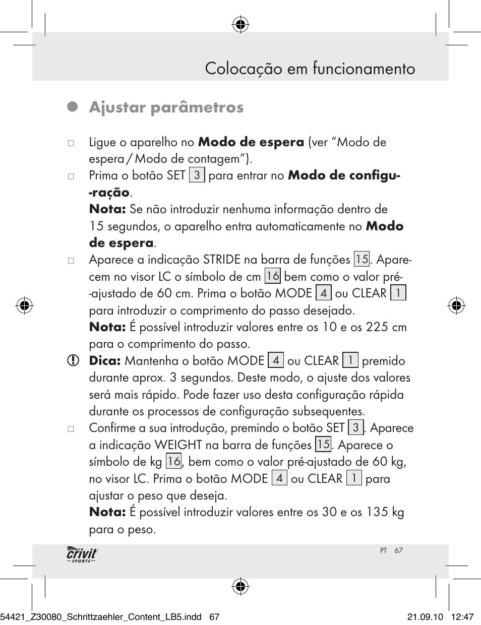 Colocação em funcionamento, Ajustar parâmetros | Crivit Z30080 User Manual | Page 65 / 102