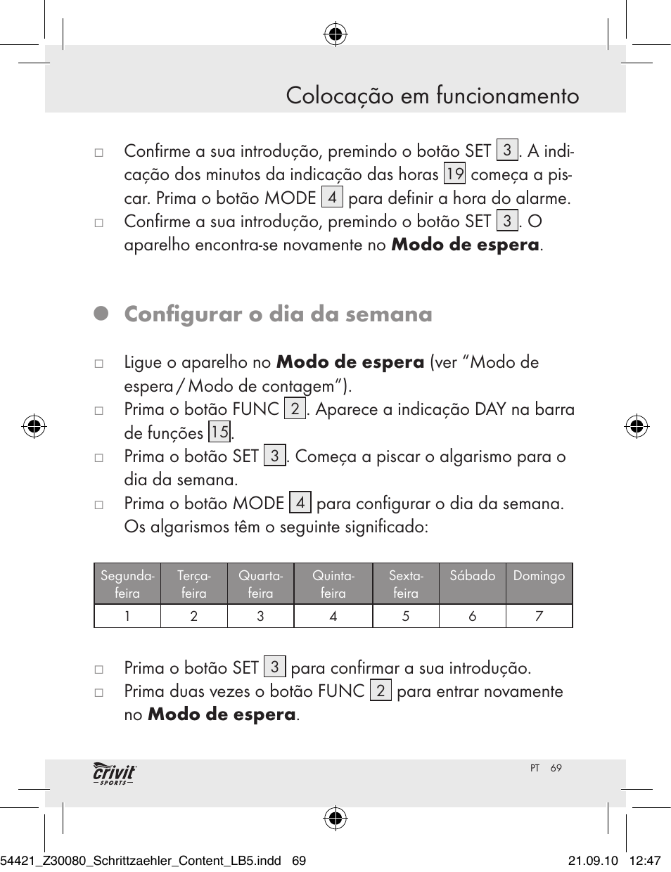 Colocação em funcionamento, Configurar o dia da semana | Crivit Z30080 User Manual | Page 67 / 102